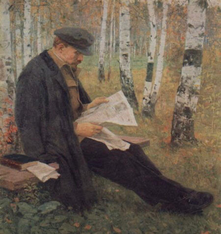 A painting of Lenin reading a paper in the woods